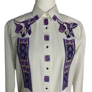 Vintage Hand Painted Western Tuxedo Shirt S White Applique Glitter Buttons Skull